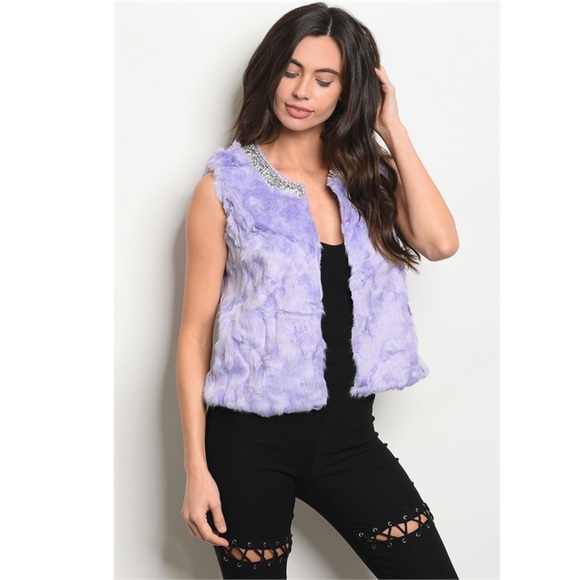 Lavender Faux Fur Vest with sparkles around the neck - Picture 2 of 5